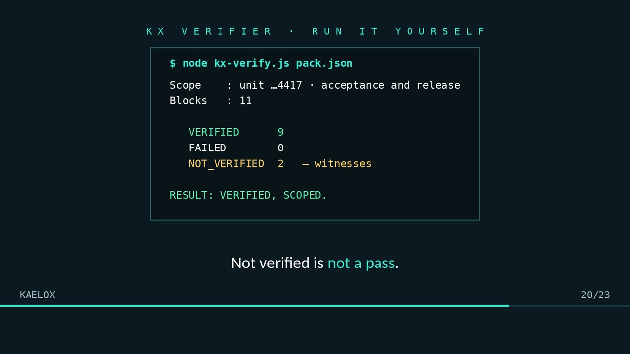 Kx Verifier output: nine blocks verified, two withheld as witnesses, result verified and scoped